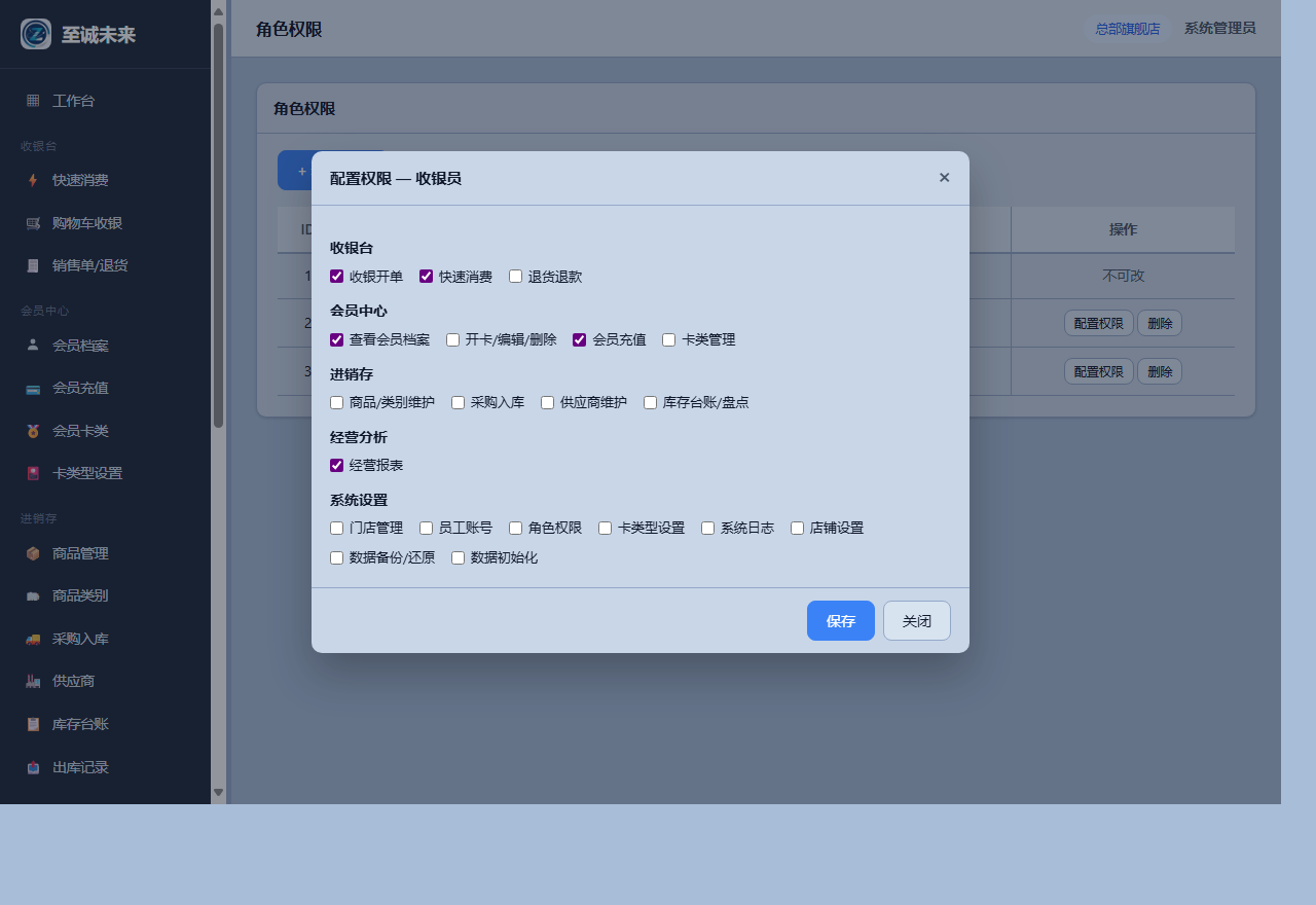 配置权限:21 个权限控制点按业务分组勾选,按岗位最小授权